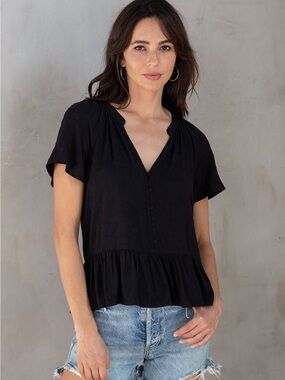 lovestitch Black V Neck Stories Flutter Sleeve Top Peplum Button Front Blouse S